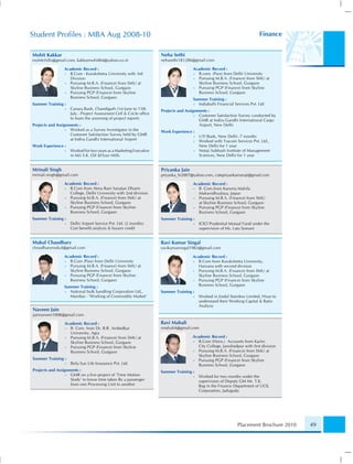 Student Proﬁles : MBA Aug 2008-10                                                                                           Finance


Mohit Kakkar                                                         Neha Sethi
mohitchills@gmail.com, kakkarmohit84@yahoo.co.in                     nehasethi181286@gmail.com

                Academic Record :                                                     Academic Record :
                •  B.Com - Kurukshetra University with 3rd                            • B.com. (Pass) from Delhi University
                   Division                                                           • Pursuing M.B.A. (Finance) from SMU at
                •  Pursuing M.B.A. (Finance) from SMU at                                Skyline Business School, Gurgaon
                   Skyline Business School, Gurgaon                                   • Pursuing PGP (Finance) from Skyline
                •  Pursuing PGP (Finance) from Skyline                                  Business School, Gurgaon
                   Business School, Gurgaon                                           Summer Training :
Summer Training :                                                                     • Indiabulls Financial Services Pvt. Ltd
                 •   Canara Bank, Chandigarh (1st June to 15th       Projects and Assignments :
                     July - Project Assessment Cell & Circle ofﬁce                     • Customer Satisfaction Survey conducted by
                     to learn the assessing of project reports                           GMR at Indira Gandhi International Cargo
Projects and Assignments :                                                               Airport, New Delhi
                  • Worked as a Survey Investigator in the           Work Experience :
                    Customer Satisfaction Survey held by GMR                          •   UTI Bank, New Delhi -7 months
                    at Indira Gandhi International Airport                            •   Worked with Tracom Services Pvt. Ltd.,
Work Experience :                                                                         New Delhi for 1 year
                 •   Worked for two years as a Marketing Executive                    •   Netaji Subhash Institute of Management
                     in M/s S.K. Oil &Flour Mills                                         Sciences, New Delhi for 1 year


Mrinali Singh                                                        Priyanka Jain
mrinali.singh@gmail.com                                              priyanka_hi2007@yahoo.com, cutepriyankamaruji@gmail.com

                Academic Record :                                                     Academic Record :
                •  B.Com from Atma Ram Sanatan Dharm                                  • B. Com.from Kanoria Mahila
                   College, Delhi University with 2nd division                          Mahavidhyalaya, Jaipur
                •  Pursuing M.B.A. (Finance) from SMU at                              • Pursuing M.B.A. (Finance) from SMU
                   Skyline Business School, Gurgaon                                     at Skyline Business School, Gurgaon
                •  Pursuing PGP (Finance) from Skyline                                • Pursuing PGP (Finance) from Skyline
                   Business School, Gurgaon                                             Business School, Gurgaon
Summer Training :                                                    Summer Training :
                 •   Delhi Airport Service Pvt. Ltd. (2 months)                       •   ICICI Prudential Mutual Fund under the
                     Cost beneﬁt analysis & buyers credit                                 supervision of Ms. Lata Somani


Mukul Chaudhary                                                      Ravi Kumar Singal
choudharymukul@gmail.com                                             ravikumarsingal1983@gmail.com

                Academic Record :                                                    Academic Record :
                •  B.Com (Pass) from Delhi University                                •  B.Com from Kurukshetra University,
                •  Pursuing M.B.A. (Finance) from SMU at                                Haryana with second division
                   Skyline Business School, Gurgaon                                  •  Pursuing M.B.A. (Finance) from SMU at
                •  Pursuing PGP (Finance) from Skyline                                  Skyline Business School, Gurgaon
                   Business School, Gurgaon                                          •  Pursuing PGP (Finance) from Skyline
                Summer Training :                                                       Business School, Gurgaon
                • National bulk handling Corporation Ltd.,           Summer Training :
                  Mumbai - ‘Working of Commodity Market’                              •   Worked in Jindal Stainless Limited, Hisar to
                                                                                          understand their Working Capital & Ratio
                                                                                          Analysis
Naveen Jain
jainnaveen1008@gmail.com

                 Academic Record :                                   Ravi Mahali
                 • B. Com. from Dr. B.R. Ambedkar                    rmahali4@gmail.com
                   University, Agra
                 • Pursuing M.B.A. (Finance) from SMU at                             Academic Record :
                   Skyline Business School, Gurgaon                                  •  B.Com (Hons.) Accounts from Karim
                 • Pursuing PGP (Finance) from Skyline                                  City College, Jamshedpur with ﬁrst division
                   Business School, Gurgaon                                          •  Pursuing M.B.A. (Finance) from SMU at
                                                                                        Skyline Business School, Gurgaon
Summer Training :                                                                    •  Pursuing PGP (Finance) from Skyline
                 •   Birla Sun Life Insurance Pvt. Ltd.                                 Business School, Gurgaon
Projects and Assignments :                                           Summer Training :
                  • GMR on a live project of ‘Time Motion                             •   Worked for two months under the
                    Study’ to know time taken By a passenger                              supervision of Deputy GM Mr. T.K.
                    from one Processing Unit to another                                   Bag in the Finance Department of UCIL
                                                                                          Corporation, Jaduguda




                                                                                                                Placement Brochure 2010   49
 