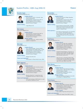 Student Proﬁles : MBA Aug 2008-10                                                                                        Finance


           Ravindra Gupta                                                   Shweta Khan
           ravindragupta60@yahoo.com                                        shwetak94@gmail.com

                           Academic Record :                                                Academic Record :
                           •  B.Com from Dr. B.R.A. University, Agra                        • B.Com from Kanoria College, Rajasthan
                              with second division                                            University, Jaipur
                           •  Pursuing M.B.A. (Finance) from SMU at                         • Pursuing M.B.A. (Finance) from SMU at
                              Skyline Business School, Gurgaon                                Skyline Business School, Gurgaon
                           •  Pursuing PGP (Finance) from Skyline                           • Pursuing PGP (Finance) from Skyline
                              Business School, Gurgaon                                        Business School, Gurgaon
           Summer Training :                                                Summer Training :
                            •   Cargo Planner Ltd.                                          •    Equity Market Investment Dept. of HSBC
                                                                                                 IL&FS Invest Smart Securities Ltd. Project
                                                                                                 ‘Comparative analysis -Investment tools:
           Ritu Gautam                                                                           Equity vs. Mutual Funds’
           sharmaritu934@gmail.com                                          Work experience :
                                                                                            •    ITG Software Engineering Pvt. Ltd. (Mar-Dec
                           Academic Record :                                                     07) - Inventory and Staff Management
                           •  Pursuing M.B.A. (Finance) from SMU at                         •    Shah & Garg Associates (July to Dec 06) as
                              Skyline Business School, Gurgaon                                   a Citibank Personal Loan Processing Team
                           •  Pursuing PGP (Finance) from Skyline                                Executive
                              Business School, Gurgaon
                           Summer Training :
                           • Indiabulls Power Ltd. - analyze working        Sunil Kumar
                             capital in management                          sunilkumar22@hotmail.com

                                                                                             Academic Record :
                                                                                             • B.Com from Dr. Bhim Rao Ambedkar
           Ritu Singh                                                                          University, Agra with second division
           08rs2009@gmail.com                                                                • Pursuing M.B.A. (Finance) from SMU at
                                                                                               Skyline Business School, Gurgaon
                            Academic Record :
                                                                                             • Pursuing PGP (Finance) from Skyline
                            • B.Sc in Biotechnology - Kanoria Mahila
                                                                                             •  Business School, Gurgaon
                              Mahavidyalaya PG College, Jaipur - 1st div
                            • Pursuing M.B.A. (Finance) from SMU at         Summer Training :
                              Skyline Business School, Gurgaon                               •   Standard Chartered Bank -Comparison of
                            • Pursuing PGP (Finance) from Skyline                                Saving Account of SCB with other Private
                              Business School, Gurgaon                                           Bank like ICICI, HDFC and ABN AMRO
                                                                                                 and Consumer Survey on it
           Summer Training :
                            •   Religare Securities Ltd.                    Work experience :
                                                                                             •   Sales Executive in Pantaloon Retail India
           Projects and Assignments :
                                                                                                 Limited, Agra from June 2007 to July 2008
                             • NGO project in Planet Help Society, Delhi
                                                                                             •   Accountant in a metal ﬁrm Sheetal Traders,
                                                                                                 Agra, from April 2006 to May 2007
           Robin Aggarwal
           robin_aggr@hotmail.com
                                                                            Vikas Sharma
                            Academic Record :                               vikassharma.1288@gmail.com
                            • Graduation from CCS University, Meerut
                              with second division                                           Academic Record :
                            • Pursuing M.B.A. (Finance) from SMU at                          • B.Com from H.N.B. Gharwal University
                              Skyline Business School, Gurgaon                               • Pursuing M.B.A. (HR) from SMU at Skyline
                            • Pursuing PGP (Finance) from Skyline                              Business School, Gurgaon
                              Business School, Gurgaon                                       • Pursuing PGP (Finance) from Skyline
                                                                                               Business School, Gurgaon
           Summer Training :
                            •   Bhushan Steel Ltd.- To study their Cash                      Summer Training :
                                Management Services & Letter of Credit                       • BWorked with Bansal Mangal & Associates
                                                                                               on a project of ‘Auditing Process’
           Projects and Assignments :
                             • One week training in GMR Airport as a part
                               of customer satisfaction survey              Vineet Kumar
                                                                            vkraghav.kumar89@gmail.com

                                                                                             Academic Record :
                                                                                             • B.Com (Pass)-Delhi University (3rd division)
                                                                                             • Pursuing M.B.A. (Finance) from SMU at
                                                                                               Skyline Business School, Gurgaon
                                                                                             • Pursuing PGP (Finance) from Skyline
                                                                                               Business School, Gurgaon
                                                                                             Summer Training :
                                                                                             • Two months -Tata-AIG Life Insurance Co.
                                                                            Projects and Assignments :
                                                                                              • GMR at IGI Airport, New Delhi (3 days)




50   Placement Brochure 2010
 