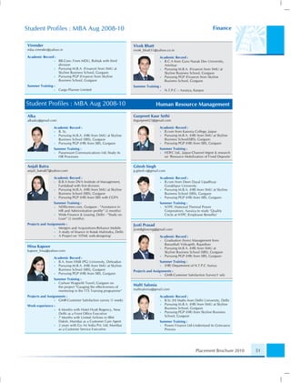 Student Proﬁles : MBA Aug 2008-10                                                                                    Finance


Virender                                                          Vivek Bhatt
mba.virender@yahoo.in                                             vivek_bhatt31@yahoo.co.in
Academic Record :                                                                 Academic Record :
                 •   BB.Com. From MDU, Rohtak with third                          • B.C.A from Guru Nanak Dev University,
                     division                                                       Amritsar
                 •   Pursuing M.B.A. (Finance) from SMU at                        • Pursuing M.B.A. (Finance) from SMU at
                     Skyline Business School, Gurgaon                               Skyline Business School, Gurgaon
                 •   Pursuing PGP (Finance) from Skyline                          • Pursuing PGP (Finance) from Skyline
                     Business School, Gurgaon                                       Business School, Gurgaon
Summer Training :                                                 Summer Training :
                 •   Cargo Planner Limited                                        •   N.T.P.C – Auraiya, Kanpur



Student Proﬁles : MBA Aug 2008-10                                                Human Resource Management

Alka                                                              Gurpreet Kaur Sethi
alkasky@gmail.com                                                 itsgurpreet23@gmail.com

                 Academic Record :                                                Academic Record :
                 • B. Sc.                                                         • B.com from Kanoria College, Jaipur
                 • Pursuing M.B.A. (HR) from SMU at Skyline                       • Pursuing M.B.A. (HR) from SMU at Skyline
                   Business School (SBS), Gurgaon                                   Business School(SBS), Gurgaon
                 • Pursuing PGP (HR) from SBS, Gurgaon                            • Pursuing PGP (HR) from SBS, Gurgaon
                 Summer Training :                                                Summer Training :
                 • Paramount Communications Ltd.-Study its                        • HDFC Ltd., Jaipur-Channel Mgmt & research
                   HR Processes                                                     on ‘Resource Mobilization of Fixed Deposits’

Anjali Batra                                                      Gitesh Singh
anjali_batra87@yahoo.com                                          g.gitesh.s@gmail.com

                 Academic Record :                                                Academic Record :
                 • B.B.A from DVA Institute of Management,                        • B.com from Deen Dayal Upadhyay
                   Faridabad with ﬁrst division                                     Gorakhpur University
                 • Pursuing M.B.A. (HR) from SMU at Skyline                       • Pursuing M.B.A. (HR) from SMU at Skyline
                   Business School (SBS), Gurgaon                                   Business School (SBS), Gurgaon
                 • Pursuing PGP (HR) from SBS with CGPA                           • Pursuing PGP (HR) from SBS, Gurgaon
                 Summer Training :                                                Summer Training :
                 • NDIScreen.com, Gurgaon - “Assistance in                        • NTPC (National Thermal Power
                   HR and Administration proﬁle” (2 months)                         Corporation), Auraiya to study ‘Quality
                 • Wide Finance & Leasing, Delhi - “Study on                        Circle at NTPC (Employee Beneﬁts)’
                   Loan” (2 months).
Projects and Assignments :                                        Jyoti Prasad
                  • Mergers and Acquisitions-Reliance Mobile      jyots8glowing@gmail.com
                  • A study of ﬁnance in Kotak Mahindra, Delhi
                  • A Project on ‘HTML web designing’                             Academic Record :
                                                                                  • Graduation (hons) Management from
                                                                                    Banasthali Vidyapith, Rajasthan
Hina Kapoor                                                                       • Pursuing M.B.A. (HR) from SMU at
kapoor_hina@yahoo.com                                                               Skyline Business School (SBS), Gurgaon
                                                                                  • Pursuing PGP (HR) from SBS, Gurgaon
                 Academic Record :
                 • B.A. from HNB (PG) University, Dehradun                        Summer Training :
                 • Pursuing M.B.A. (HR) from SMU at Skyline                       • (HR) Department of N.T.P.C Auriya
                   Business School (SBS), Gurgaon                 Projects and Assignments :
                 • Pursuing PGP (HR) from SBS, Gurgaon                              • GMR-Customer Satisfaction Survey(1 wk)
                 Summer Training :
                 • Carlson Wagonlit Travel, Gurgaon on
                   the project “Gauging the effectiveness of
                                                                  Malti Salonia
                   mentoring in the TTS Training programme”       maltisalonia@gmail.com

Projects and Assignments :                                                        Academic Record :
                  • GMR-Customer Satisfaction survey (1 week)                     • B.Sc (H) Maths from Delhi University, Delhi
Work experience :                                                                 • Pursuing M.B.A. (HR) from SMU at Skyline
                 •   6 Months with Hotel Hyatt Regency, New                         Business School, Gurgaon
                     Delhi as a Front Ofﬁce Executive                             • Pursuing PGP (HR) from Skyline Business
                 •   7 Months with United Airlines in IBM                           School, Gurgaon
                     Daksh, Mumbai as a Customer Care Agent                       Summer Training :
                 •   2 years with Go Air India Pvt. Ltd, Mumbai                   • Power Finance Ltd-Understand its Grievance
                     as a Customer Service Executive                                Process




                                                                                                         Placement Brochure 2010   51
 