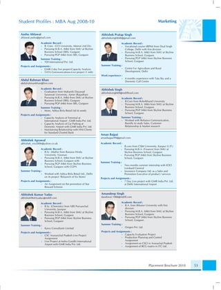 Student Proﬁles : MBA Aug 2008-10                                                                                      Marketing


Aashu Ahlawat                                                       Abhishek Pratap Singh
ahlawat.aashu@gmail.com                                             abhisheksingh848@gmail.com
                 Academic Record :                                                   Academic Record :
                 • B. Com - CCS University, Meerut 2nd Div.                          • Vocational course (IRPM) from Dyal Singh
                 • Pursuing M.B.A. (Mkt) from SMU at Skyline                           College, Delhi with ﬁrst division
                   Business School (SBS), Gurgaon                                    • Pursuing M.B.A. (Mkt) from SMU at Skyline
                 • Pursuing PGP (Mkt) from SBS, Gurgaon                                Business School, Gurgaon
                 Summer Training :                                                   • Pursuing PGP (Mkt) from Skyline Business
                 • TDI International Pvt. Ltd.                                         School, Gurgaon
Projects and Assignments :                                          Summer Training :
                  • GMR-3 day live project-Capacity Analysis                          •   Centre For Agriculture and Rural
                  • TATA Communications-Live project (1 mth)                              Development, Delhi
                                                                    Work experience :
                                                                                      •   4 months experience with Tata Sky and a
Abdul Rahman Khan                                                                         Domestic Call Centre
abdulrahmankhan@live.com

                 Academic Record :                                  Abhishek Singh
                 • Graduation from Maharshi Dayanad                 abhisheksingh69@rediffmail.com
                   Saraswati University, Ajmer (Rajasthan)
                 • Pursuing M.B.A. (Mkt) from SMU at Skyline                         Academic Record :
                   Business School (SBS), Gurgaon                                    • B.Com from Ruhelkhand University
                 • Pursuing PGP (Mkt) from SBS, Gurgaon                              • Pursuing M.B.A. (Mkt) from SMU at Skyline
                 Summer Training :                                                     Business School, Gurgaon
                 • More, Aditya Birla Retail Ltd (6 week)                            • Pursuing PGP (Mkt) from Skyline Business
                                                                                       School, Gurgaon
Projects and Assignments :
                  • Capacity Analysis of Terminal at                                 Summer Training :
                    International Airport - GMR India Pvt. Ltd.                      • Worked with Reliance Communication,
                  • Capacity Analysis of Car Parking at                                Bareilly to study Sales, Customer
                    Domestic Airport with GMR India Pvt. Ltd.                          Relationship & Market research
                  • Maintaining Relationship with HNI Clients
                    for Standard Charted Bank
                                                                    Aman Bajpai
                                                                    amanbajpai99@gmail.com
Abhishek Agrawal
abhishek_vns2006@yahoo.co.uk                                        Academic Record :
                                                                                     •    B.com from CSJM University, Kanpur (U.P.)
                 Academic Record :                                                   •    Pursuing M.B.A. (Finance) from SMU at
                 • B.Sc. (Maths) from Banaras Hindu                                       Skyline Business School, Gurgaon
                   University, Varanasi                                              •    Pursuing PGP (Mkt) from Skyline Business
                 • Pursuing M.B.A. (Mkt) from SMU at Skyline                              School, Gurgaon
                   Business School, Gurgaon with
                                                                    Summer Training :
                 • Pursuing PGP (Mkt) from Skyline Business
                                                                                     •    Two months summer internship with ICICI
                   School, Gurgaon with CGPA
                                                                                          Lombard General
Summer Training :                                                                    •    Insurance Company Ltd. as a Sales and
                  •   Worked with Aditya Birla Retail Ltd., Delhi                         Promotion Executive of product / services
                      on its project ‘Relaunch of Six Stores’
                                                                    Projects and Assignments :
Projects and Assignments :                                                            • 7 Day Live project with GMR India Pvt. Ltd.
                  • An Assignment on the promotion of Star                              at Delhi International Airport
                    Reward Scheme


Abhishek Kumar Yadav                                                Amandeep Singh
abhishek9645yadav@rediff.com                                        dandiwal.1988@rediff.com

                 Academic Record :                                                   Academic Record :
                 • B.Sc. (Chemistry) from VBS Purvanchal                             • B.A. from Bikaner University with ﬁrst
                   University, Jaunpur                                                 division
                 • Pursuing M.B.A. (Mkt) from SMU at Skyline                         • Pursuing M.B.A. (Mkt) from SMU at Skyline
                   Business School, Gurgaon                                            Business School, Gurgaon
                 • Pursuing PGP (Mkt) from Skyline Business                          • Pursuing PGP (Mkt) from Skyline Business
                   School, Gurgaon                                                     School, Gurgaon
Summer Training :                                                   Summer Training :
                  •   Karvy Consultants Limited                                       •   Oxigen Pvt. Ltd.
Projects and Assignments :                                          Projects and Assignments :
                  • CSC Arunanchal Pradesh Live Project                               • Capacity Evaluation Project
                    Assignment                                                        • Production Planning and Control
                  • Live Project at Indira Gandhi International                         Assignment
                    Airport with GMR India Pvt. Ltd.                                  • Assignment on CSCI in Arunachal Pradesh
                                                                                      • Assignment of BCG matrix in ITC Ltd.




                                                                                                              Placement Brochure 2010   53
 