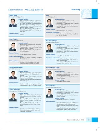 Student Proﬁles : MBA Aug 2008-10                                                                                     Marketing


Arpita Singh                                                       Ashu
lovelyarpita1985@gmail.com                                         ashu9060@gmail.com

                 Academic Record :                                                  Academic Record :
                 • B.Sc from Sri Agrasen Kanya Autonomous                           • B.com. from Maharishi Dayanand
                   PG College,Varanasi with ﬁrst division                             University, Rohtak
                 • M.Sc from Sri Agrasen Kanya Autonomous                           • Pursuing M.B.A. (Mkt) from SMU at Skyline
                   PG College,Varanasi with ﬁrst division                             Business School, Gurgaon
                 • Pursuing M.B.A. (Mkt) from SMU at Skyline                        • Pursuing PGP (Mkt) from Skyline Business
                   Business School, Gurgaon                                           School, Gurgaon
                 • Pursuing PGP (Mkt) from Skyline Business
                                                                   Summer Training :
                   School, Gurgaon [CGPA 3.91/4.00 up to
                                                                                    •   Octan Media Pvt. Ltd, Gurgaon
                   IInd Sem]
                                                                   Projects and Assignments :
Summer Training :
                                                                                     • Worked on a project for Aditya Birla Retail
                 •   Calance
                                                                                       Pvt. Ltd. for 20 days


Arun Chopra
arun.chopra71@gmail.com                                            Atul Pratap Singh
                                                                   atulsingh192@gmail.com
                 Academic Record :
                 • B.Com (Hons) from Maharishi Dayanand                             Academic Record :
                   University, Rohtak                                               • B.Sc (Bio) from Awadh University, Faizabad
                 • Pursuing M.B.A. (Mkt) from SMU at Skyline                          with second division
                   Business School, Gurgaon                                         • Pursuing M.B.A. (Mkt) from SMU at Skyline
                 • Pursuing PGP (Mkt) from Skyline Business                           Business School, Gurgaon
                   School, Gurgaon                                                  • Pursuing PGP (Mkt) from Skyline Business
Summer Training :                                                                     School, Gurgaon
                 •   Octan Media Pvt. Ltd., Gurgaon                Summer Training :
Projects and Assignments :                                                          •   Aditya Birla Retail Ltd. for 6 weeks
                  • Worked in a Project with Aditya Birla Retail   Projects and Assignments :
                    Pvt. Ltd for 20 days                                             • 2 month Project in Planet Help Society, a
Work experience :                                                                      NGO as a volunteer
                 •   Worked in ICA, Rohtak as a PDP and                              • 2 day Project on Time, Speed and Motion
                     Communication trainer for 10 months                               ﬂow with GMR India Pvt. Ltd.


Arvind Kumar Dubey                                                 Avinash Kumar Gupta
arvind.sky@gmail.com                                               avinashgupta001@gmail.com
                 Academic Record :                                                  Academic Record :
                 • B.C.A from Allahabad Agriculture Institute                       • Graduation with second division
                   of Deemed University Allahabad,with ﬁrst                         • Pursuing M.B.A. (Mkt) from SMU at Skyline
                   division                                                           Business School, Gurgaon
                 • Pursuing M.B.A. (Mkt) from SMU at Skyline                        • Pursuing PGP (Mkt) from Skyline Business
                   Business School, Gurgaon                                           School, Gurgaon
                 • Pursuing PGP (Mkt) from Skyline Business
                                                                                    Summer Training :
                   School, Gurgaon
                                                                                    • Aditya Birla Retail Limited
Summer Training :
                 •   Worked with Center for Agriculture & Rural
                     Development (CARD) as a Project Ofﬁcer        Avinash Thakur
                                                                   avinash.thakur04@gmail.com

Ashish Agnihotri                                                                    Academic Record :
ashishagnihotri1586@gmail.com                                                       • B.com (Pass) from Delhi University
                                                                                    • Pursuing M.B.A. (Mkt) from SMU at Skyline
                 Academic Record :                                                    Business School, Gurgaon
                 • B.C.A. from Allahabad Agricultural Institute                     • Pursuing PGP (Mkt) from Skyline Business
                   (Deemed University), Allahabad with ﬁrst                           School, Gurgaon
                   division
                                                                                    Summer Training :
                 • Pursuing M.B.A. (Mkt) from SMU at Skyline
                                                                                    • Metlife Life Insurance Co., Gurgaon
                   Business School, Gurgaon [76% up to Ist
                   Sem]                                            Work experience :
                 • Pursuing PGP (Mkt) from Skyline Business                         •   Worked in MSSR Enterprises, a DSA (direct
                   School, Gurgaon [4.1/8 GPA up to IInd                                sales associates) of BHW Birla home
                   Sem]                                                                 ﬁnance from 10th August 2005 to 25 April
                                                                                        2006
Summer Training :
                                                                                    •   Worked in BHW Birla Home Finance Ltd.
                 •   6 weeks Summer Internship in Reliance
                                                                                        from 1st May 2006 to 30th April 2007
                     World, Bareilly and studied “Sales and
                     Consumer Satisfaction”




                                                                                                              Placement Brochure 2010   55
 