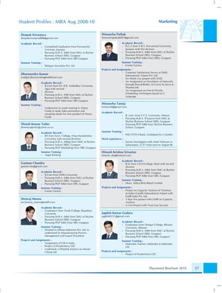 Student Proﬁles : MBA Aug 2008-10                                                                                  Marketing


Deepak Srivastava                                                Himanshu Pathak
deepaksrivastava888@gmail.com                                    himanshupathak007@gmail.com

Academic Record :                                                                 Academic Record :
                 •   Completed Graduation from Purvanchal                         • B.C.A from V.B.S. Purvanchal University,
                     Univrsity, Jaunpur                                             Jaunpur with ﬁrst division
                 •   Pursuing M.B.A. (Mkt) from SMU at Skyline                    • Pursuing M.B.A. (Mkt) from SMU at Skyline
                     Business School (SBS), Gurgaon                                 Business School (SBS), Gurgaon
                 •   Pursuing PGP (Mkt) from SBS Gurgaon                          • Pursuing PGP (Mkt) from (SBS), Gurgaon
Summer Training :                                                                 Summer Training :
                 •   Religare Securities Pvt. Ltd.                                • Eventz Factory
                                                                 Projects and Assignments :
                                                                                   • Customer Satisfaction Survey at Delhi
Dharmendra Kumar                                                                     International Airport Pvt. Ltd.
mudgal.dharmendra@rediffmail.com                                                   • Six Week Live project with GNG
                                                                                   • An Assignment on Simulation of Networks
                 Academic Record :
                                                                                     through Round-Robin, Ist Come Ist Serve &
                 • B.Com from Dr. B.R. Ambedkar University,
                                                                                     Shortest Job
                   Agra with second
                                                                                   • An Assignment on First & Priority
                 • division
                                                                                     Scheduling Techniques based on C
                 • Pursuing M.B.A. (HR) from SMU at Skyline
                                                                                     Language
                   Business School (SBS), Gurgaon
                 • Pursuing PGP (Mkt) from SBS Gurgaon
Summer Training :                                                Himanshu Taneja
                 •   Underwent six week training in Antize       hmtworld@gmail.com
                     Foods to study Sales promotion and
                                                                 Academic Record :
                     sampling inputs for new product of Antize
                                                                                  •   B. com. from C.C.S. University, Meerut
                     Foods
                                                                                  •   Pursuing M.B.A. (Finance) from SMU at
                                                                                      Skyline Business School (SBS), Gurgaon
Dinesh Kumar Yadav                                                                •   Pursuing PGP (Mkt) from Skyline Business
dineshyadav01@yahoo.co.in                                                             School, Gurgaon

                 Academic Record :                               Summer Training :
                 • BA from Govt. College, Hisar Kurukshetra                       •   ING VYSYA Bank, Faridabad for 2 months
                   University with second divistion              Work experience :
                 • Pursuing M.B.A. (Mktg) from SMU at Skyline                     •   Survey Investigator with Airtel Telecom in
                   Business School (SBS), Gurgaon                                     Saharanpur, (U.P.) from June to August 06
                 • Pursuing PGP (Marketing) from SBS, Gurgaon
                 Summer Training :                               Himesh Krishna Srivastav
                 • Angel Broking                                 himesh_sbs@hotmail.com

                                                                                  Academic Record :
Gautam Chandra                                                                    • B.Sc from S.K.D.College, Basti with second
gautam.sbs@gmail.com                                                                division
                                                                                  • Pursuing M.B.A. (Mkt) from SMU at Skyline
                 Academic Record :                                                  Business School (SBS), Gurgaon
                 • B.Com from Delhi University                                    • Pursuing PGP (Mkt) from SBS, Gurgaon
                 • Pursuing M.B.A. (Mkt) from SMU at Skyline
                   Business School (SBS), Gurgaon                                 Summer Training :
                 • Pursuing PGP (Mkt) from SBS, Gurgaon                           • More, Aditya Birla Retail Limited
                 Summer Training :                               Projects and Assignments :
                 • Eventz Factory                                                  • Project on Capacity Analysis of Terminal
                                                                                     at Indira Gandhi International Airport with
                                                                                     GMR India Pvt. Ltd.
Hemraj Meena                                                                       • 3 days live project with GMR on Capacity
mr.hemraj_meena@rediff.com                                                           Analysis
                                                                                   • A Live Project with Trust Line Security
                 Academic Record :
                 • Graduation from Vivek College, Rajasthan
                   University                                    Jagdish Kumar Godara
                 • Pursuing M.B.A. (Mkt) from SMU at Skyline     jagdish0151@gmail.com
                   Business School (SBS), Gurgaon
                 • Pursuing PGP (Mkt) from SBS, Gurgaon                           Academic Record :
                                                                                  • Graduation from Dungar College, Bikaner
                 Summer Training :                                                  University, Bikaner
                 • Worked in Dileep Industries Pvt. Ltd. to                       • Pursuing M.B.A. (Mkt) from SMU at Skyline
                   understand its Manufacturing Process,                            Business School (SBS), Gurgaon
                   Management and Export Procedure                                • Pursuing PGP (Mkt) from SBS, Gurgaon
Projects and Assignments :                                                        Summer Training :
                  • Assignment of FDI in India                                    • Mahindra Tractors; Mahindra & Mahindra
                  • Project of Pondicherry CSC                                      Ltd.
                  • Undertook a Detailed analysis on Maruti
                    Udyog Ltd.                                   Projects and Assignments :
                                                                                   • Project of Pondicherry CSC




                                                                                                           Placement Brochure 2010   57
 