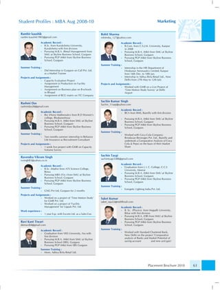 Student Proﬁles : MBA Aug 2008-10                                                                                       Marketing

Rambir kaushik                                                       Rohit Sharma
rambir.kaushik1985@gmail.com                                         rohitmba_127@yahoo.com
                Academic Record :                                                    Academic Record :
                • B.Sc. from Kurukshetra University,                                 • B.Com. from C.S.J.M. University, Kanpur
                  Kurukshetra with ﬁrst division                                       in 2008
                • Pursuing M.B.A. (Retail Management) from                           • Pursuing M.B.A. (Mkt) from SMU at Skyline
                  SMU at Skyline Business School, Gurgaon                              Business School, Gurgaon
                • Pursuing PGP (Mkt) from Skyline Business                           • Pursuing PGP (Mkt) from Skyline Business
                  School, Gurgaon                                                      School, Gurgaon
                 •
                                                                     Summer Training :
Summer Training :                                                                    •   Internship in the HR Department of
                 •   Did Internship in Gurgaon on Call Pvt. Ltd.                         Hindustan Aeronautics Limited, Kanpur
                     as a Market Trainee                                                 from 16th Dec. to 10th Jan.
Projects and Assignments :                                                           •   Internship in Aditya Birla Retail Ltd., New
                  • Capacity Evaluation Project                                          Delhi from 27th May to 12th July
                  • Assignment in Production on Facility             Projects and Assignments :
                    Management                                                         • Worked with GMR on a Live Project of
                  • Assignment on Business plan on B-schools                             ‘Time Motion Study Survey’ at Delhi
                    in Bhopal                                                            Airport
                  • Assignment of BCG matrix on ITC Company

                                                                     Sachin Kumar Singh
Rashmi Das                                                           Sachin_11sep@yahoo.com
rashmidas28@gmail.com
                                                                                     Academic Record :
                Academic Record :                                                    • BCA from IIMS, Bareilly with ﬁrst division
                • Bsc (Hons) Mathematics from R.D Women’s
                  college, Bhubaneshwar                                              •   Pursuing M.B.A. (Mkt) from SMU at Skyline
                • Pursuing M.B.A. (Mkt) from SMU at Skyline                              Business School, Gurgaon
                  Business School, Gurgaon                                           •   Pursuing PGP (Mkt) from Skyline Business
                • Pursuing PGP (Mkt) from Skyline Business                               School, Gurgaon
                  School, Gurgaon
                                                                     Summer Training :
Summer Training :                                                                    •   Worked with Coca Cola Company:
                 •   Two months summer internship in Reliance                            Brindavan Beverages Pvt. Ltd., Bareilly and
                     Life Insurance as Recruitment Consultant                            undertook a Comparative Analysis of Coca
Projects and Assignments :                                                               Cola & Pepsi on the basis of their Market
                  • 1 week live project with GMR on Capacity                             Share
                    Volume Survey

                                                                     Sachin Taygi
Ravendra Vikram Singh                                                sachintyagi3388@gmail.com
rvsingh83@yahoo.co.in
                                                                                     Academic Record :
                Academic Record :
                                                                                     • Graduation from J. I. C. College, C.C.S
                • B.Sc. (Maths) from ATS Science College,
                                                                                       University, Meerut
                  Rewa
                                                                                     • Pursuing M.B.A. (Mkt) from SMU at Skyline
                • Pursuing MBA (Fin.) from SMU at Skyline
                                                                                       Business School, Gurgaon
                  Business School, Gurgaon
                                                                                     • Pursuing PGP (Mkt) from Skyline Business
                • Pursuing PGP (Mkt) from Skyline Business
                                                                                       School, Gurgaon
                  School, Gurgaon
                                                                     Summer Training :
Summer Training :
                                                                                     •   Energetic Lighting India Pvt. Ltd.
                 •   GNG Pvt Ltd, Gurgaon for 2 months
Projects and Assignments :
                  • Worked on a project of ‘Time Motion Study’       Saket Kumar
                    for GMR Pvt. Ltd.                                saket_raja22@rediffmail.com
                  • Worked on a project of ‘Facility
                    Management’ for Uppals Pvt. Ltd.                                 Academic Record :
Work experience :                                                                    • B. Sc. (Physics) from Magadh University,
                 •   1 year Exp. with Escorts Ltd. as a Sales Exe.                     Bihar with ﬁrst division
                                                                                     • Pursuing M.B.A. (HR) from SMU at Skyline
                                                                                       Business School, Gurgaon
Ravi Kant Tiwari                                                                     • Pursuing PGP (Mkt) from Skyline Business
deeravi84@gmail.com                                                                    School, Gurgaon

                Academic Record :                                    Summer Training :
                • Graduation from VKS University, Ara with                           •   Worked with Standard Chartered Bank,
                  ﬁrst division                                                          New Delhi on the project ‘Comparative
                • Pursuing M.B.A. (Mkt) from SMU at Skyline                              analysis of Banks and Market Potential of
                  Business School (SBS), Gurgaon                                         saving account         and new unit gain’
                • Pursuing PGP (Mkt) from SBS Gurgaon
                Summer Training :
                • More, Aditya Birla Retail Ltd.




                                                                                                               Placement Brochure 2010   63
 