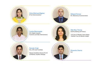 Chitra Mulchand Raghani
B.Tech (Instrumentation)
Debajeet Konwar
B.E. (Electronics & Communication)
Dilly Mary Thomas
B.B.M (e-Banking and Finance)
•Citi Corp (12 Months): Senior Analyst
•Northern Trust (24 Months): Analyst
Divyanshu Sharma
B.A
Cynthia Manimegalai
B.A. (English Literature,
Economics and Public Administration)
Davinder Singh
B.Sc, CFA Level-I Candidate
Educorp Consultancy Services Pvt Ltd
(24 Months): Academic Manager
 