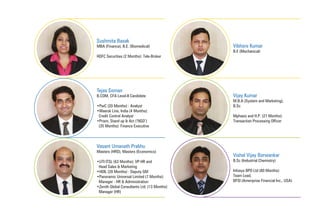 Sushmita Basak
MBA (Finance), B.E. (Biomedical)
HDFC Securities (2 Months): Tele-Broker
Tejas Soman
B.COM, CFA Level-II Candidate
•PwC (20 Months) : Analyst
•Maersk Line, India (4 Months):
Credit Control Analyst
•Prism, Stand up & Act (‘NGO’)
(35 Months): Finance Executive
Vasant Umanath Prabhu
Masters (HRD), Masters (Economics)
•UTI ITSL (63 Months): VP-HR and
Head Sales & Marketing
•HDIL (28 Months) : Deputy GM
•Panoramic Universal Limited (7 Months):
Manager - HR & Administration
•Zenith Global Consultants Ltd. (13 Months):
Manager (HR)
Vibhore Kumar
B.E (Mechanical)
Vijay Kumar
M.B.A (System and Marketing),
B.Sc
Mphasis and H.P. (27 Months):
Transaction Processing Officer
Vishal Vijay Borwankar
B.Sc (Industrial Chemistry)
Infosys BPO Ltd (80 Months):
Team Lead,
BFSI (Ameriprise Financial Inc., USA)
 
