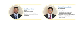 Vivek Kumar Verma
B.Com
FRM Level-I Candidate
ShareKhan Franchisee (18 Months):
Entrepreneur
Yadhnesh Vishwas Shinde
B.E (Mechanical)
•H & R Johnson
(A division ofPrism Cement Ltd.)
(36 Months): Project Executive
•Penta India Cement And Minerals Pvt Ltd.
(9 Months): Graduate Mechanical
Design Engineer
 