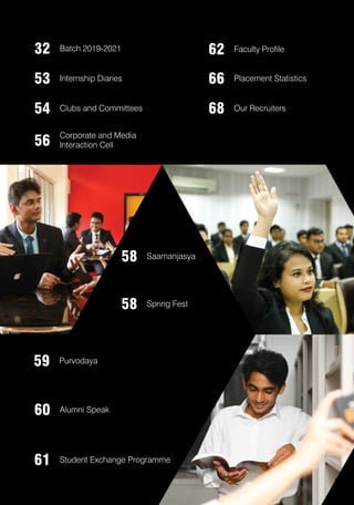 32 Batch 2019-2021
53 Internship Diaries
58 Spring Fest
58 Saamanjasya
61 Student Exchange Programme
54 Clubs and Committees
59 Purvodaya
62 Faculty Profile
56
Corporate and Media
Interaction Cell
60 Alumni Speak
66 Placement Statistics
68 Our Recruiters
 
