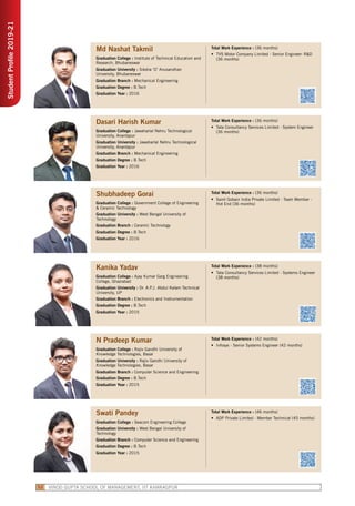 VINOD GUPTA SCHOOL OF MANAGEMENT, IIT KHARAGPUR52
StudentProfile2019-21
Md Nashat Takmil
Graduation College : Institute of Technical Education and
Research, Bhubaneswar
Graduation University : Siksha ‘O’ Anusandhan
University, Bhubaneswar
Graduation Branch : Mechanical Engineering
Graduation Degree : B.Tech
Graduation Year : 2016
Total Work Experience : (36 months)
•	 TVS Motor Company Limited - Senior Engineer- R&D
(36 months)
Dasari Harish Kumar
Graduation College : Jawaharlal Nehru Technological
University, Anantapur
Graduation University : Jawaharlal Nehru Technological
University, Anantapur
Graduation Branch : Mechanical Engineering
Graduation Degree : B.Tech
Graduation Year : 2016
Total Work Experience : (36 months)
•	 Tata Consultancy Services Limited - System Engineer
(36 months)
Shubhadeep Gorai
Graduation College : Government College of Engineering
& Ceramic Technology
Graduation University : West Bengal University of
Technology
Graduation Branch : Ceramic Technology
Graduation Degree : B.Tech
Graduation Year : 2016
Total Work Experience : (36 months)
•	 Saint Gobain India Private Limited - Team Member -
Hot End (36 months)
Kanika Yadav
Graduation College : Ajay Kumar Garg Engineering
College, Ghaziabad
Graduation University : Dr. A.P.J. Abdul Kalam Technical
University, UP
Graduation Branch : Electronics and Instrumentation
Graduation Degree : B.Tech
Graduation Year : 2015
Total Work Experience : (38 months)
•	 Tata Consultancy Services Limited - Systems Engineer
(38 months)
N Pradeep Kumar
Graduation College : Rajiv Gandhi University of
Knowledge Technologies, Basar
Graduation University : Rajiv Gandhi University of
Knowledge Technologies, Basar
Graduation Branch : Computer Science and Engineering
Graduation Degree : B.Tech
Graduation Year : 2015
Total Work Experience : (42 months)
•	 Infosys - Senior Systems Engineer (42 months)
Swati Pandey
Graduation College : Seacom Engineering College
Graduation University : West Bengal University of
Technology
Graduation Branch : Computer Science and Engineering
Graduation Degree : B.Tech
Graduation Year : 2015
Total Work Experience : (46 months)
•	 ADP Private Limited - Member Technical (45 months)
 