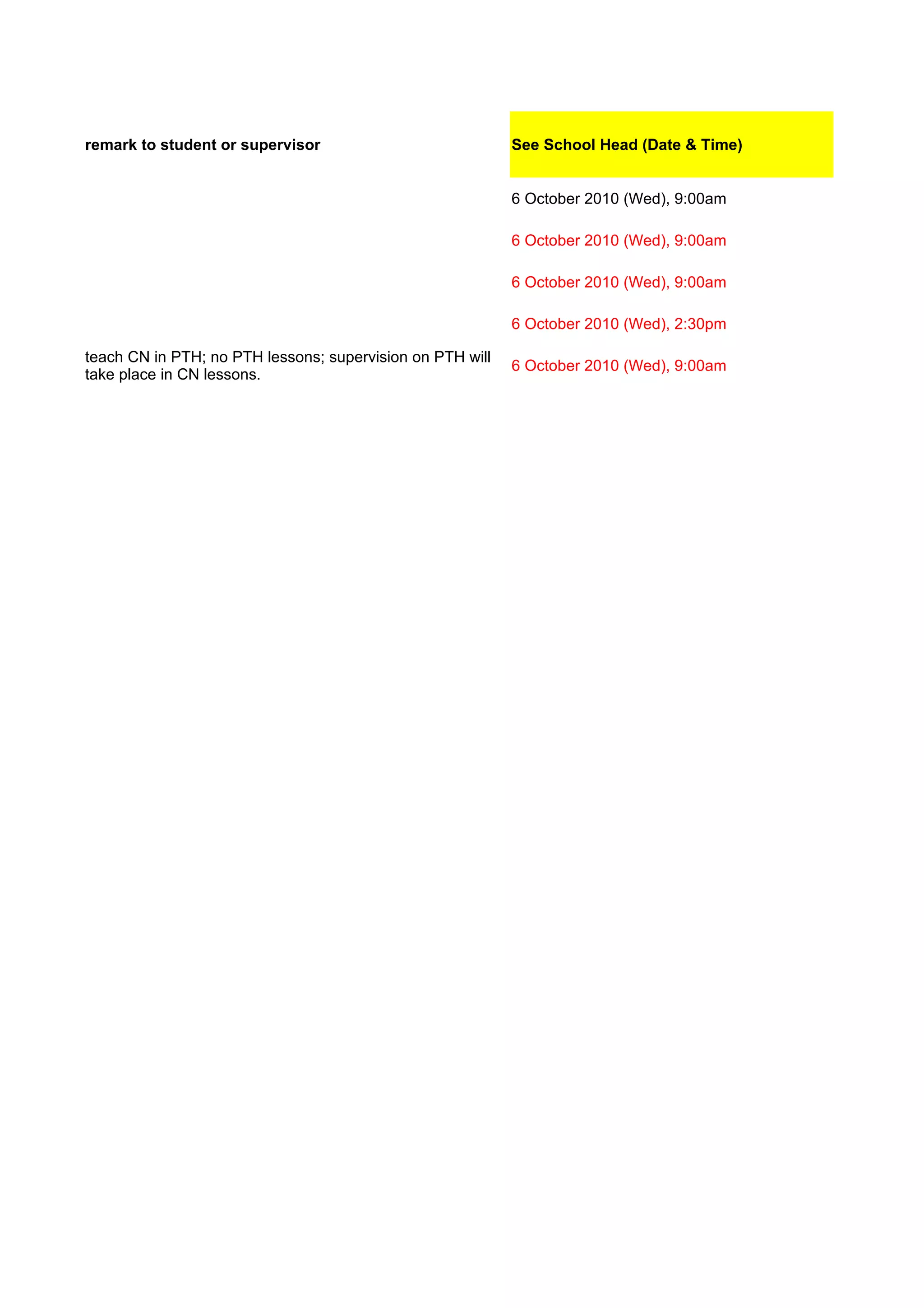 remark to student or supervisor                            See School Head (Date & Time)


                                                           6 October 2010 (Wed), 9:00am

                                                           6 October 2010 (Wed), 9:00am

                                                           6 October 2010 (Wed), 9:00am

                                                           6 October 2010 (Wed), 2:30pm

teach CN in PTH; no PTH lessons; supervision on PTH will
                                                           6 October 2010 (Wed), 9:00am
take place in CN lessons.
 