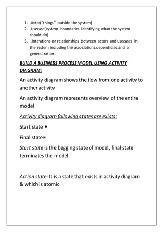 1. .Actor(“things” outside the system)
2. .Usecase(system boundaries identifying what the system
should do)
3. .Interations or relationships between actors and usecases in
the system including the associations,dependicies,and a
generalization.
BUILD A BUSINESS PROCESS MODEL USING ACTIVITY
DIAGRAM:
An activity diagram shows the flow from one activity to
another activity
An activity diagram represents overview of the entire
model
Activity diagram following states are exists:
Start state
Final state
Start state is the begging state of model, final state
terminates the model
Action state: It is a state that exists in activity diagram
& which is atomic
 