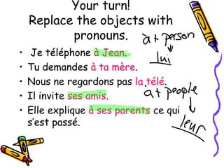 Your turn! 
Replace the objects with 
pronouns. 
• Je téléphone à Jean. 
• Tu demandes à ta mère. 
• Nous ne regardons pas la télé. 
• Il invite ses amis. 
• Elle explique à ses parents ce qui 
s’est passé. 
 