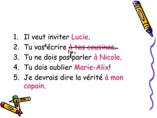 1. Il veut inviter Lucie. 
2. Tu vas écrire à tes cousines. 
3. Tu ne dois pas parler à Nicole. 
4. Tu dois oublier Marie-Alix! 
5. Je devrais dire la vérité à mon 
copain. 
 