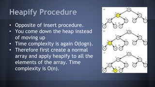 Heapify Procedure 
• Opposite of insert procedure. 
• You come down the heap instead 
of moving up 
• Time complexity is again O(logn). 
• Therefore first create a normal 
array and apply heapify to all the 
elements of the array. Time 
complexity is O(n). 
 