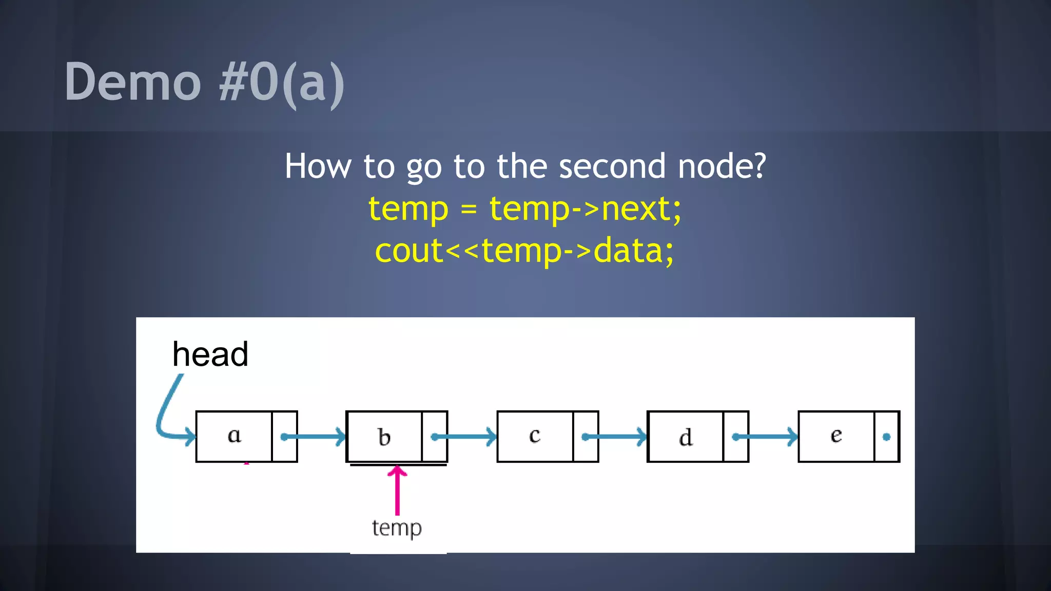 Demo #0(a) 
How to go to the second node? 
temp = temp->next; 
cout<<temp->data; 
head 
 