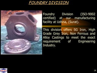 FOUNDRY DIVISION

     Foundry        Division     (ISO-9002
     certified) at our manufacturing
     facility at Udhna, (Surat).

     This division offers SG Iron, High
     Grade Grey Iron, Non Ferrous and
     Alloy Castings to meet the exact
     requirement      of    Engineering
     Industry.




                                         14
 