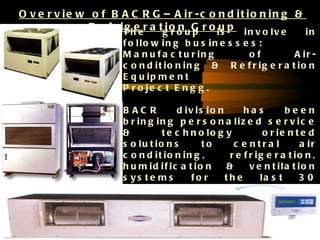 O v e r v ie w o f B A C R G – A ir -c o n d it io n in g &
               R e f r iT h er a tg o o u G r o iu p i n v o l v e
                        ge        irn p          s                 in
                        f o llo w in g b u s in e s s e s :
                        M a n u f a c t u r in g       of        A ir -
                        c o n d it io n in g & R e f r ig e r a t io n
                        E q u ip m e n t
                        P r o je c t E n g g .

                        B AC R         d iv is io n      ha s        been
                        b r in g in g p e r s o n a liz e d s e r v ic e
                        &          t e c h n o lo g y          o r ie n t e d
                        s o lu t io n s       to      c e ntra l          a ir
                        c o n d it io n in g ,       r e f r ig e r a t io n ,
                        h u m id if ic a t io n     &      v e n t ila t io n
                        s ys te m s        fo r     the       la s t     30
                        ye a r s .

                        S ys te m                    e n g in e e r in g
                        c a p a b ilit y         to         p r o v id e
                        c o m p le t e        H VA C     s o l u t i o n 22
                                                                         s
 
