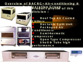 O v e r v ie w o f B A C R G – A ir -c o n d it io n in g &
               R e f r ig e r a t io n G r o u p
                        P r o d u c t p r o f ile o f t h is
                        d iv is io n :

                       h i l l eRros o f T o p A i r C o o l e d
                      C
                       D a c kaa bgle dS A ilri t U n i t
                                   uc t       e    p
                       o n dPi t i o n e r s
                      C
                       o m pS reem si -o re r m e t i c
                      C                s
                                          h

                       O h e lnl & yTpueb C ohmgphr e s s o r
                                   pe      T
                      e r f oSr m a n c e e i
                      p
                              L iq u id C o o le r s
                          S h e ll & T u b e
                      C onde ns e rs
                                                                23
 