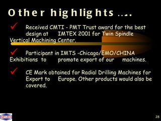 O t h e r h i g h l i g h t s …. .
     Received CMTI - PMT Trust award for the best
      design at    IMTEX 2001 for Twin Spindle
Vertical Machining Center.

 Participant inpromote-Chicago/EMO/CHINA
Exhibitions to
                 IMTS
                        export of our machines.

    CE Mark obtained for Radial Drilling Machines for
     Export to Europe. Other products would also be
     covered.




                                                         28
 