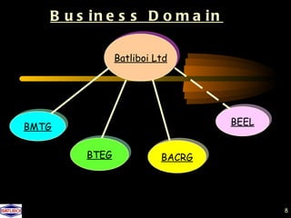 B u s in e s s D o m a in

               Batliboi Ltd




BMTG                             BEEL


        BTEG             BACRG




                                        8
 