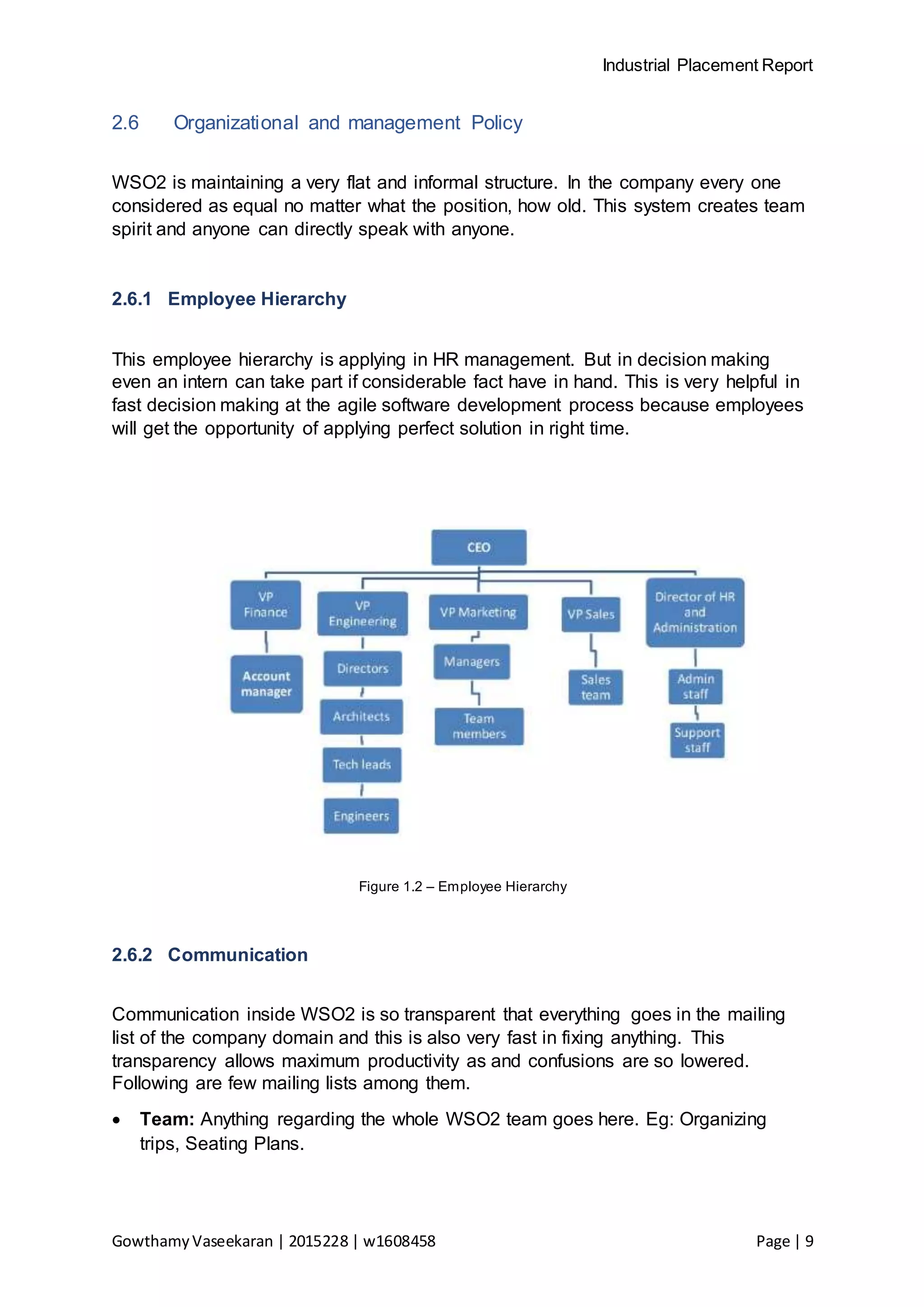 Industrial Placement Report
GowthamyVaseekaran | 2015228 | w1608458 Page | 9
2.6 Organizational and management Policy
WSO2 is maintaining a very flat and informal structure. In the company every one
considered as equal no matter what the position, how old. This system creates team
spirit and anyone can directly speak with anyone.
2.6.1 Employee Hierarchy
This employee hierarchy is applying in HR management. But in decision making
even an intern can take part if considerable fact have in hand. This is very helpful in
fast decision making at the agile software development process because employees
will get the opportunity of applying perfect solution in right time.
Figure 1.2 – Employee Hierarchy
2.6.2 Communication
Communication inside WSO2 is so transparent that everything goes in the mailing
list of the company domain and this is also very fast in fixing anything. This
transparency allows maximum productivity as and confusions are so lowered.
Following are few mailing lists among them.
 Team: Anything regarding the whole WSO2 team goes here. Eg: Organizing
trips, Seating Plans.
 