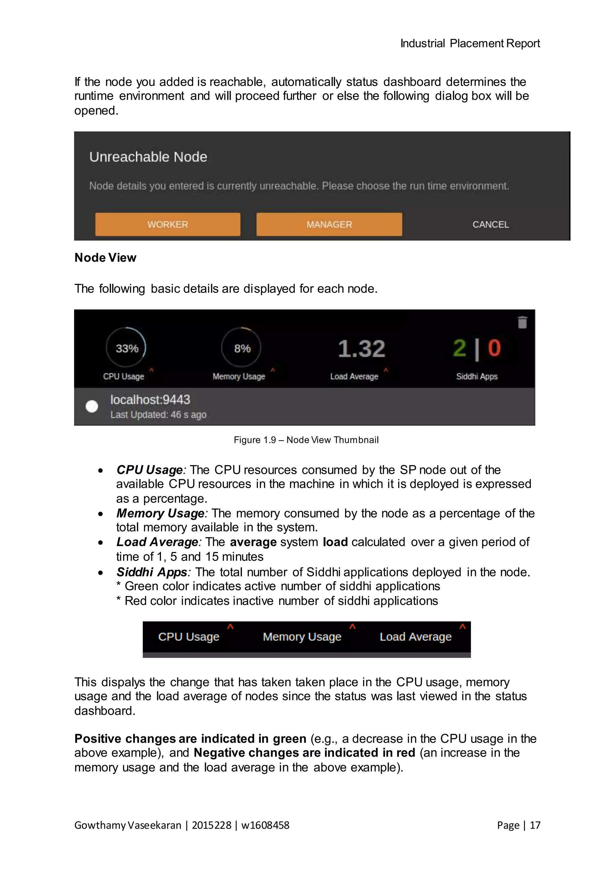 Industrial Placement Report
GowthamyVaseekaran | 2015228 | w1608458 Page | 17
If the node you added is reachable, automatically status dashboard determines the
runtime environment and will proceed further or else the following dialog box will be
opened.
Node View
The following basic details are displayed for each node.
Figure 1.9 – Node View Thumbnail
 CPU Usage: The CPU resources consumed by the SP node out of the
available CPU resources in the machine in which it is deployed is expressed
as a percentage.
 Memory Usage: The memory consumed by the node as a percentage of the
total memory available in the system.
 Load Average: The average system load calculated over a given period of
time of 1, 5 and 15 minutes
 Siddhi Apps: The total number of Siddhi applications deployed in the node.
* Green color indicates active number of siddhi applications
* Red color indicates inactive number of siddhi applications
This dispalys the change that has taken taken place in the CPU usage, memory
usage and the load average of nodes since the status was last viewed in the status
dashboard.
Positive changes are indicated in green (e.g., a decrease in the CPU usage in the
above example), and Negative changes are indicated in red (an increase in the
memory usage and the load average in the above example).
 