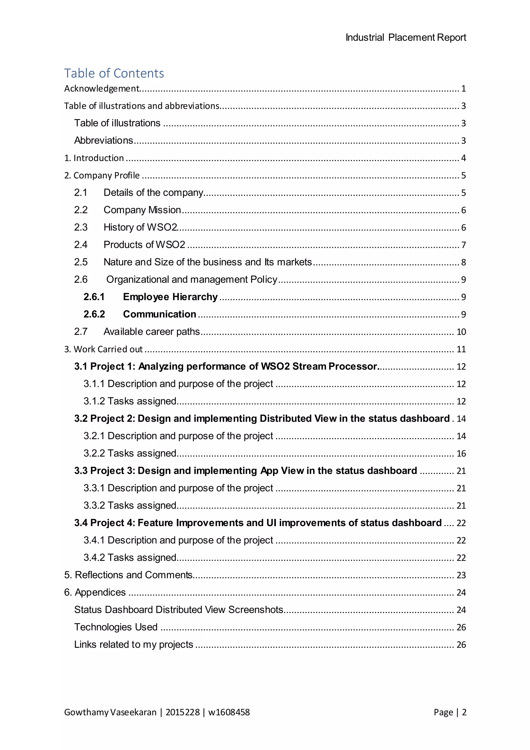 Industrial Placement Report
GowthamyVaseekaran | 2015228 | w1608458 Page | 2
Table of Contents
Acknowledgement........................................................................................................................ 1
Table of illustrations and abbreviations.......................................................................................... 3
Table of illustrations ............................................................................................................... 3
Abbreviations.......................................................................................................................... 3
1. Introduction ............................................................................................................................. 4
2. Company Profile ....................................................................................................................... 5
2.1 Details of the company................................................................................................ 5
2.2 Company Mission........................................................................................................6
2.3 History of WSO2..........................................................................................................6
2.4 Products of WSO2 ......................................................................................................7
2.5 Nature and Size of the business and Its markets....................................................... 8
2.6 Organizational and management Policy....................................................................9
2.6.1 Employee Hierarchy.......................................................................................... 9
2.6.2 Communication..................................................................................................9
2.7 Available career paths............................................................................................... 10
3. Work Carried out.................................................................................................................... 11
3.1 Project 1: Analyzing performance of WSO2 Stream Processor............................. 12
3.1.1 Description and purpose of the project ................................................................... 12
3.1.2 Tasks assigned........................................................................................................ 12
3.2 Project 2: Design and implementing Distributed View in the status dashboard . 14
3.2.1 Description and purpose of the project ................................................................... 14
3.2.2 Tasks assigned........................................................................................................ 16
3.3 Project 3: Design and implementing App View in the status dashboard ............. 21
3.3.1 Description and purpose of the project ................................................................... 21
3.3.2 Tasks assigned........................................................................................................ 21
3.4 Project 4: Feature Improvements and UI improvements of status dashboard .... 22
3.4.1 Description and purpose of the project ................................................................... 22
3.4.2 Tasks assigned........................................................................................................ 22
5. Reflections and Comments.................................................................................................. 23
6. Appendices .......................................................................................................................... 24
Status Dashboard Distributed View Screenshots................................................................ 24
Technologies Used .............................................................................................................. 26
Links related to my projects ................................................................................................. 26
 
