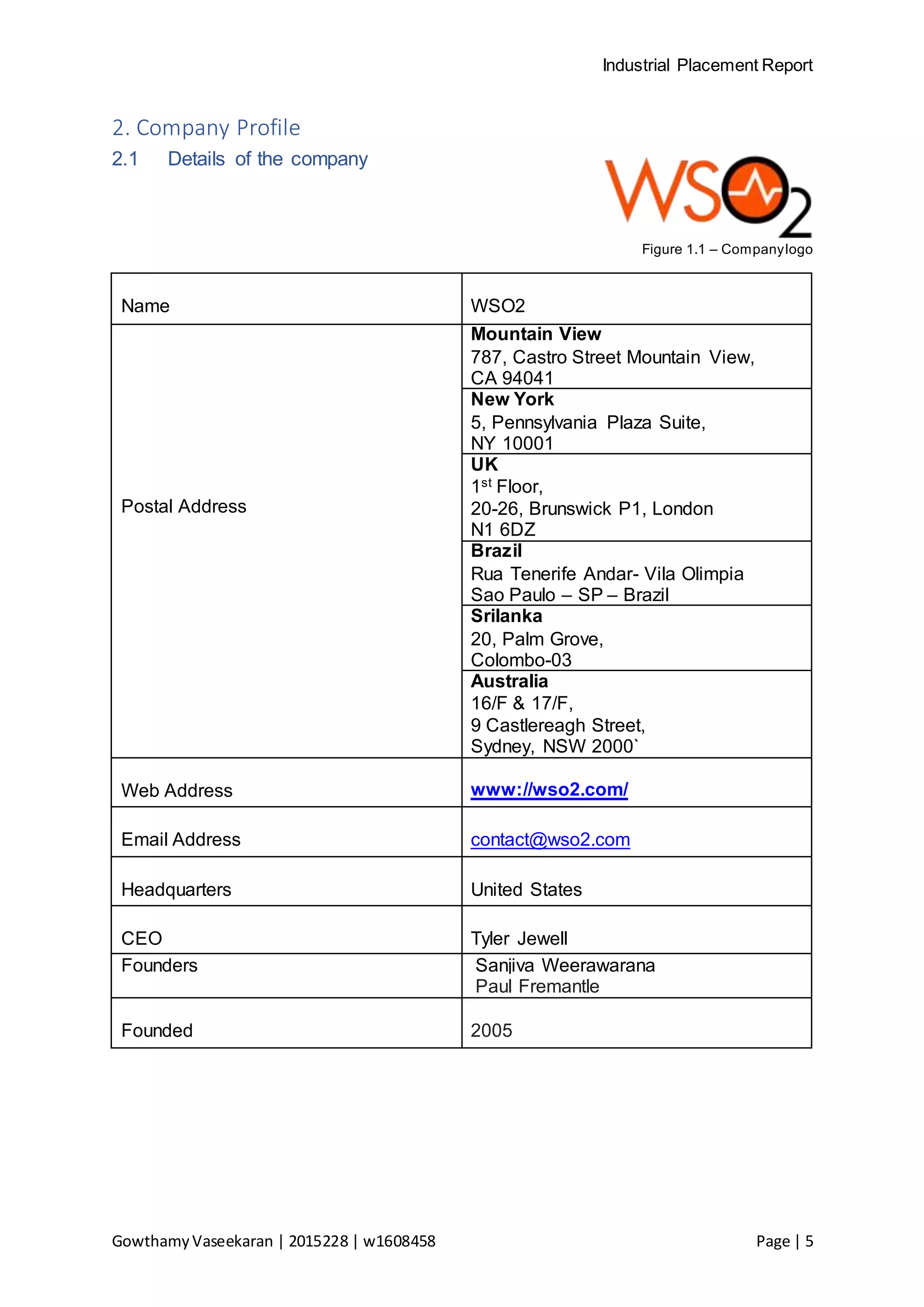 Industrial Placement Report
GowthamyVaseekaran | 2015228 | w1608458 Page | 5
2. Company Profile
2.1 Details of the company
Figure 1.1 – Companylogo
Name WSO2
Postal Address
Mountain View
787, Castro Street Mountain View,
CA 94041
New York
5, Pennsylvania Plaza Suite,
NY 10001
UK
1st Floor,
20-26, Brunswick P1, London
N1 6DZ
Brazil
Rua Tenerife Andar- Vila Olimpia
Sao Paulo – SP – Brazil
Srilanka
20, Palm Grove,
Colombo-03
Australia
16/F & 17/F,
9 Castlereagh Street,
Sydney, NSW 2000`
Web Address www://wso2.com/
Email Address contact@wso2.com
Headquarters United States
CEO Tyler Jewell
Founders Sanjiva Weerawarana
Paul Fremantle
Founded 2005
 