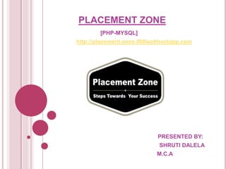 PLACEMENT ZONE
[PHP-MYSQL]
http://placement-zone.000webhostapp.com
PRESENTED BY:
SHRUTI DALELA
M.C.A
 