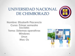 UNIVERSIDAD NACIONAL
DE CHIMBORAZO
Nombre: Elizabeth Placencio
Curso: Primer semestre
Sociales
Tema: Sistemas operativos
Windows
Linux
Mac Os

 