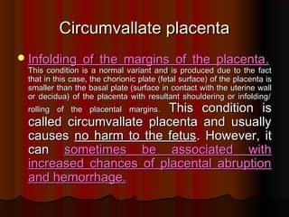 Circumvallate placenta
Circumvallate placenta
Infolding of the margins of the placenta
Infolding of the margins of the placenta.
.
This condition is a normal variant and is produced due to the fact
This condition is a normal variant and is produced due to the fact
that in this case, the chorionic plate
that in this case, the chorionic plate (
(fetal surface
fetal surface)
) of the placenta is
of the placenta is
smaller than the basal plate
smaller than the basal plate (
(surface in contact with the uterine wall
surface in contact with the uterine wall
or decidua
or decidua)
) of the placenta with resultant shouldering or infolding
of the placenta with resultant shouldering or infolding/
/
rolling of the placental margins
rolling of the placental margins.
. This condition is
This condition is
called circumvallate placenta and usually
called circumvallate placenta and usually
causes
causes no harm to the fetus
no harm to the fetus.
. However, it
However, it
can
can sometimes be associated with
sometimes be associated with
increased chances of placental abruption
increased chances of placental abruption
and hemorrhage.
and hemorrhage.
 