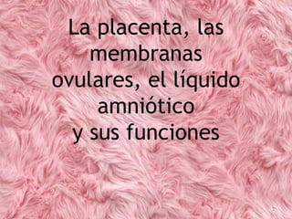 La placenta, las
membranas
ovulares, el líquido
amniótico
y sus funciones
1
 