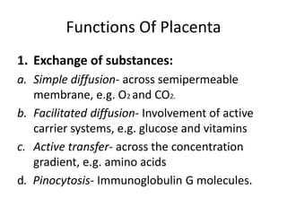 Functions Of Placenta
1. Exchange of substances:
a. Simple diffusion- across semipermeable
membrane, e.g. O2 and CO2.
b. Facilitated diffusion- Involvement of active
carrier systems, e.g. glucose and vitamins
c. Active transfer- across the concentration
gradient, e.g. amino acids
d. Pinocytosis- Immunoglobulin G molecules.
 