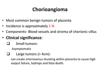 Chorioangioma
• Most common benign tumors of placenta
• Incidence is approximately 1 %
• Components- Blood vessels and stroma of chorionic villus
• Clinical significance:
 Small tumors-
Asymptomatic
 Large tumors (> 4cm)-
can create arteriovenus shunting within placenta to cause high
output failure, hydrops and fetal death.
 