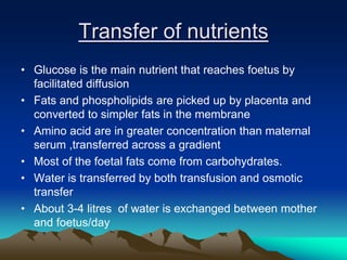 Transfer of nutrients
• Glucose is the main nutrient that reaches foetus by
facilitated diffusion
• Fats and phospholipids are picked up by placenta and
converted to simpler fats in the membrane
• Amino acid are in greater concentration than maternal
serum ,transferred across a gradient
• Most of the foetal fats come from carbohydrates.
• Water is transferred by both transfusion and osmotic
transfer
• About 3-4 litres of water is exchanged between mother
and foetus/day
 