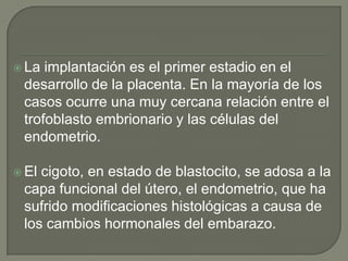  La implantación es el primer estadio en el
 desarrollo de la placenta. En la mayoría de los
 casos ocurre una muy cercana relación entre el
 trofoblasto embrionario y las células del
 endometrio.

 Elcigoto, en estado de blastocito, se adosa a la
 capa funcional del útero, el endometrio, que ha
 sufrido modificaciones histológicas a causa de
 los cambios hormonales del embarazo.
 