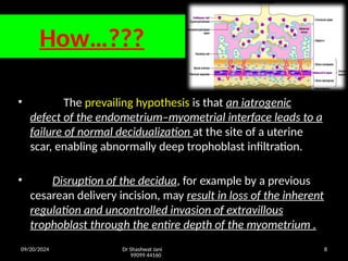 09/20/2024 Dr Shashwat Jani
99099 44160
8
How…???
• The prevailing hypothesis is that an iatrogenic
defect of the endometrium–myometrial interface leads to a
failure of normal decidualization at the site of a uterine
scar, enabling abnormally deep trophoblast infiltration.
• Disruption of the decidua, for example by a previous
cesarean delivery incision, may result in loss of the inherent
regulation and uncontrolled invasion of extravillous
trophoblast through the entire depth of the myometrium .
 