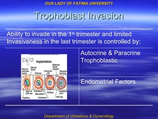 Trophoblast Invasion Endometrial Factors Autocrine & Paracrine Trophoblastic  Ability to invade in the 1 st  trimester and limited Invasiveness in the last trimester is controlled by: 