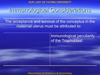 Immunological Considerations Immunological peculiarity of the Trophoblast The acceptance and survival of the conceptus in the maternal uterus must be attributed to:  