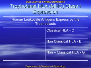 Trophoblast HLA (MHC) Class I Expression Non – Classical HLA - G Non Classical HLA - E Classical HLA - C Human Leukocyte Antigens Express by the Trophoblasts 