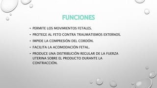 • PERMITE LOS MOVIMIENTOS FETALES.
• PROTEGE AL FETO CONTRA TRAUMATISMOS EXTERNOS.
• IMPIDE LA COMPRESIÓN DEL CORDÓN.
• FACILITA LA ACOMODACIÓN FETAL.
• PRODUCE UNA DISTRIBUCIÓN REGULAR DE LA FUERZA
UTERINA SOBRE EL PRODUCTO DURANTE LA
CONTRACCIÓN.
 