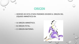• DESPUÉS DE ESTA ETAPA PODEMOS DIVIDIR EL ORIGEN DEL
LÍQUIDO AMNIÓTICO EN:
• A) ORIGEN AMNIÓTICO.
• B) ORIGEN FETAL.
• C) ORIGEN MATERNO.
 