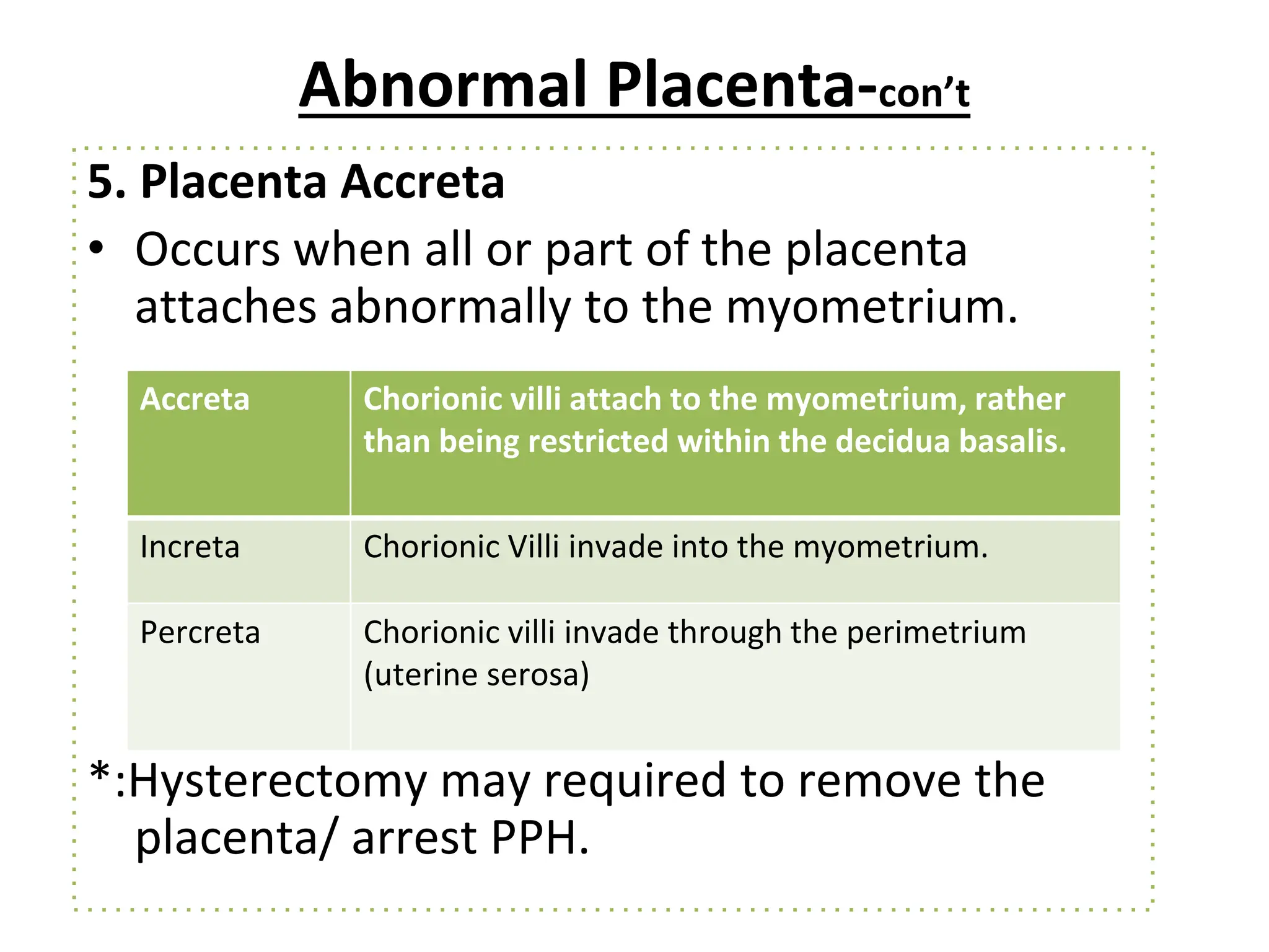 Abnormal Placenta-con’t
5. Placenta Accreta
• Occurs when all or part of the placenta
attaches abnormally to the myometrium.
*:Hysterectomy may required to remove the
placenta/ arrest PPH.
Accreta Chorionic villi attach to the myometrium, rather
than being restricted within the decidua basalis.
Increta Chorionic Villi invade into the myometrium.
Percreta Chorionic villi invade through the perimetrium
(uterine serosa)
 