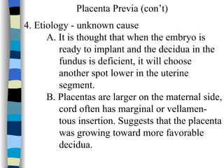 Placenta Previa (con’t) 4. Etiology - unknown cause  A. It is thought that when the embryo is  ready to implant and the decidua in the fundus is deficient, it will choose  another spot lower in the uterine  segment.  B. Placentas are larger on the maternal side, cord often has marginal or vellamen- tous insertion. Suggests that the placenta was growing toward more favorable  decidua. 