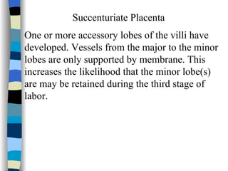 Succenturiate Placenta One or more accessory lobes of the villi have  developed. Vessels from the major to the minor lobes are only supported by membrane. This increases the likelihood that the minor lobe(s)  are may be retained during the third stage of labor. 