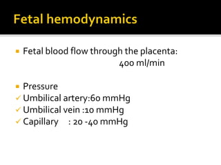  Fetal blood flow through the placenta:
400 ml/min
 Pressure
 Umbilical artery:60 mmHg
 Umbilical vein :10 mmHg
 Capillary : 20 -40 mmHg
 