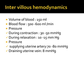  Volume of blood : 150 ml
 Blood flow : 500 -600 ml /min
 Pressure
 During contraction : 30 -50 mmHg
 During relaxation : 10 -15 mm Hg
 Pressure
 supplying uterine artery:70 -80 mmHg
 Draining uterine vein: 8 mmHg
 