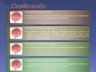 Placenta
Previa Total
Placenta
Previa Parcial
Placenta
Previa
Marginal
Implantación Baja de la
Placenta
 