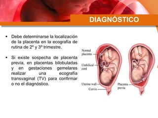 DIAGNÓSTICO
 Debe determinarse la localización
de la placenta en la ecografía de
rutina de 2º y 3º trimestre.
 Si existe sospecha de placenta
previa, en placentas bilobuladas
y en gestaciones gemelares
realizar una ecografía
transvaginal (TV) para confirmar
o no el diagnóstico.
 