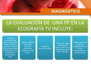 DIAGNÓSTICO
LA EVALUACIÓN DE UNA PP EN LA
ECOGRAFÍA TV INCLUYE:
- Visualizar
correctamente
todo el segmento
inferior: anterior,
posterior y lateral
(corte transversal)
rechazando, si es
necesario, la
presentación
fetal.
Aplicar Doppler
color para
descartar
hematoma
marginal o vasa
previa.
Localizar la
inserción cordón.
En caso de vejiga
parcialmente
llena: confirmar el
diagnóstico de PP
tras la micción.
Valorar signos de
acretismo
especialmente en
PP con
antecedente de
cesárea previa.
 