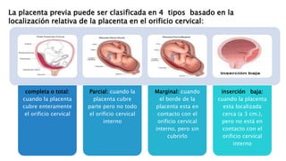 La placenta previa puede ser clasificada en 4 tipos basado en la
localización relativa de la placenta en el orificio cervical:
completa o total:
cuando la placenta
cubre enteramente
el orificio cervical
Parcial: cuando la
placenta cubre
parte pero no todo
el orificio cervical
interno
Marginal: cuando
el borde de la
placenta esta en
contacto con el
orificio cervical
interno, pero sin
cubrirlo
inserción baja:
cuando la placenta
esta localizada
cerca (a 3 cm.),
pero no está en
contacto con el
orificio cervical
interno
 